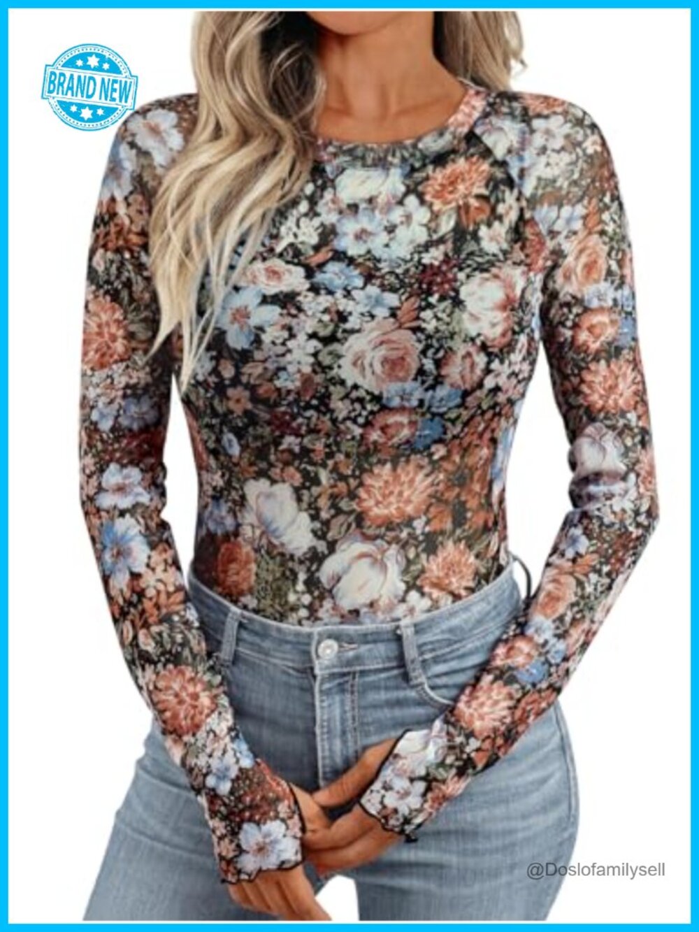 Women's Sheer Mesh Lace See Through Tops Long Sleeve Floral